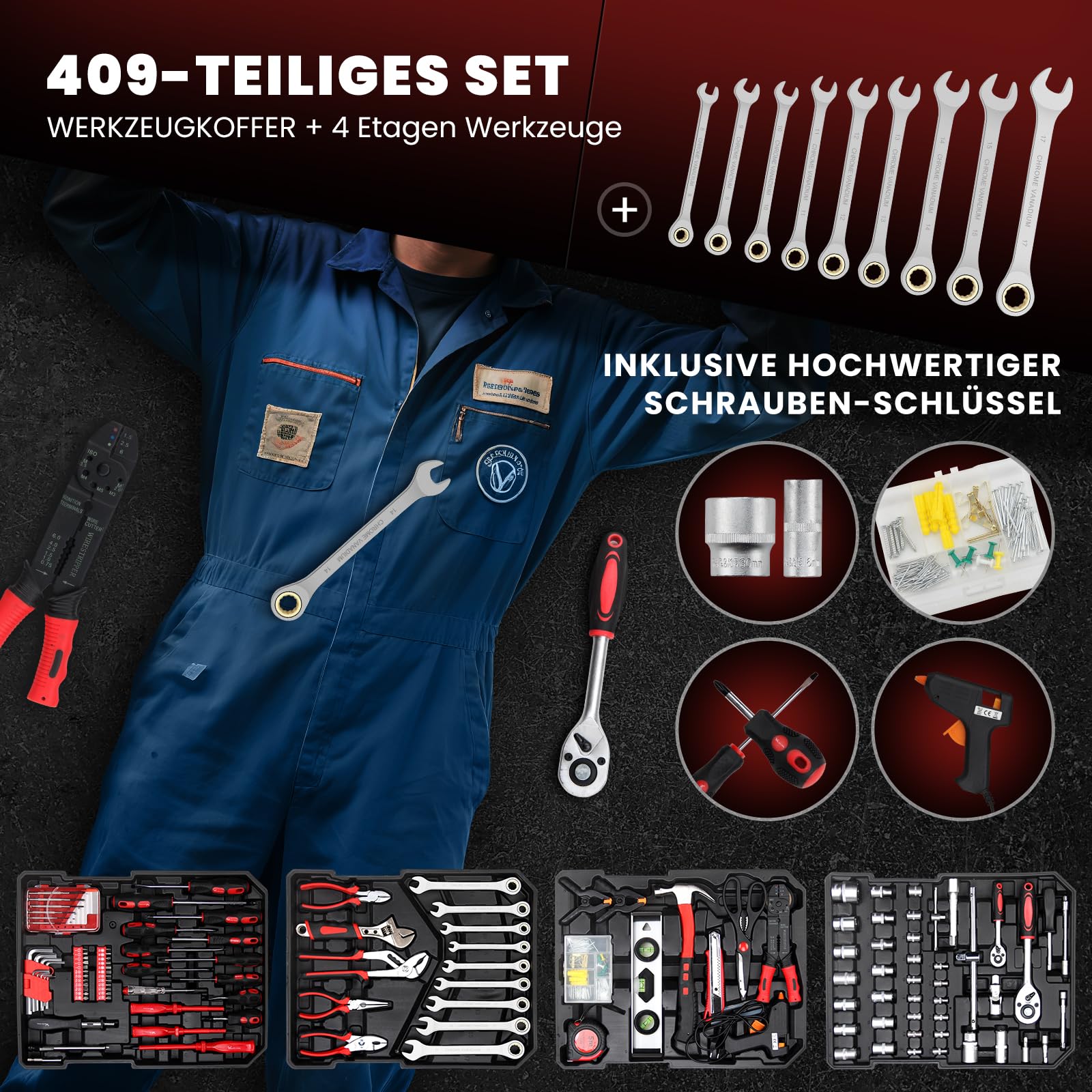 WALTER STAHL Werkzeugkoffer gefüllt 409 tlg | Werkzeugkasten | Aluminiumkoffer | Werkzeug Set | für Werkstatt und Haushalt, inkl.Schraubenschlüssel, Zangen etc