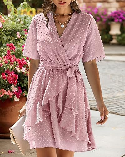 Miniatura 5 de BTFBM - Vestido corto de verano 2023 con cuello en V para mujer, manga corta, cintura alta, dobladillo con volantes, falso cruce