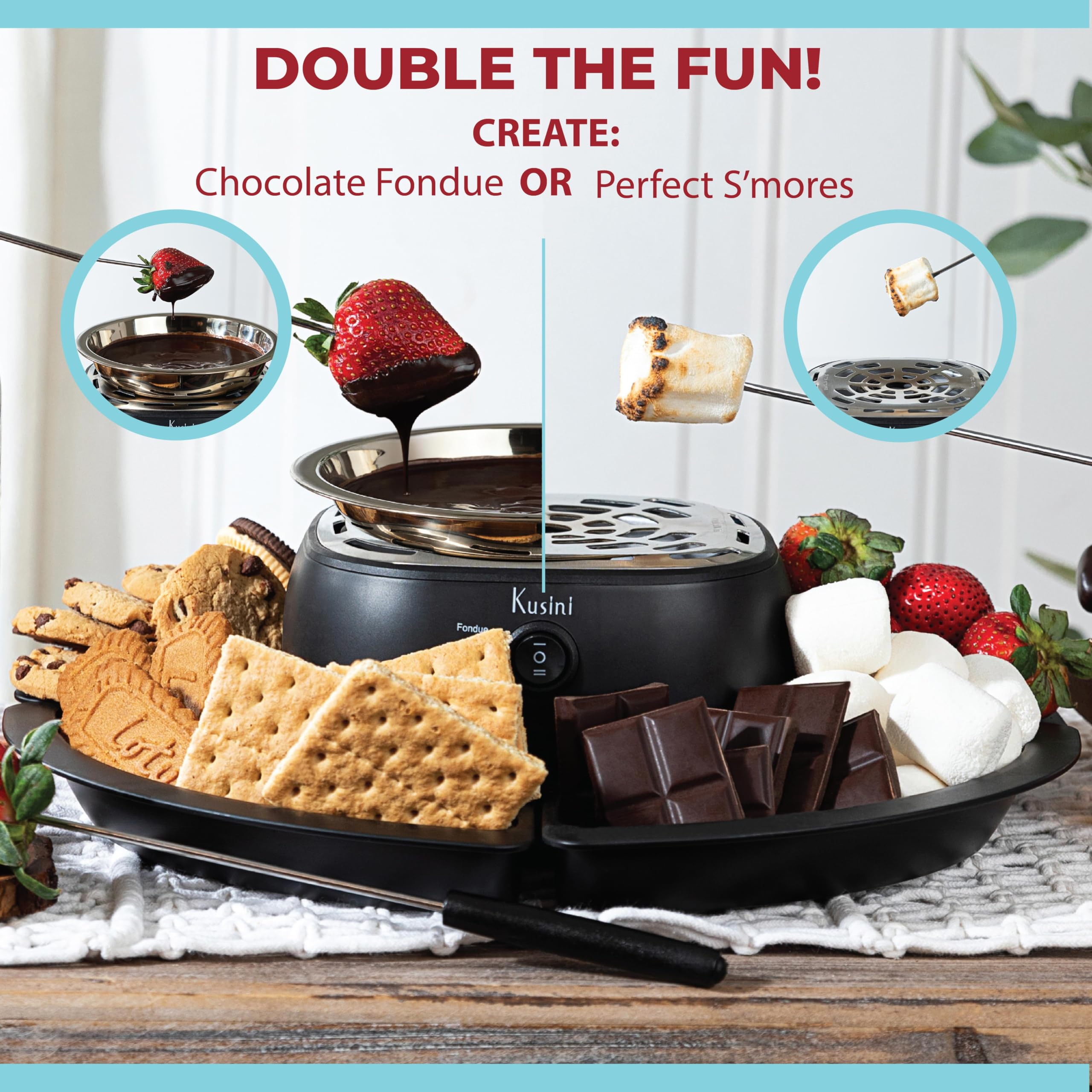 Kusini Set per fonduta elettrica 2 in 1 e kit da tavolo per interni con vassoi rimovibili e 4 spiedini, pentola per fonduta al cioccolato Smores Station, idea regalo unica per coppie, forniture per