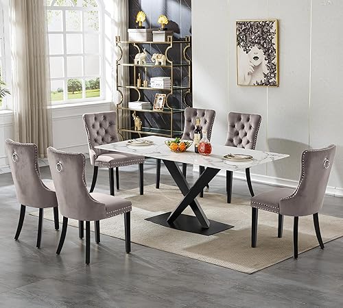 Miniatura 46 de Juego de mesa de comedor de mármol blanco para 6, 70 pulgadas, mesa de comedor de mármol blanco con 6 sillas de terciopelo beige y base de acero al