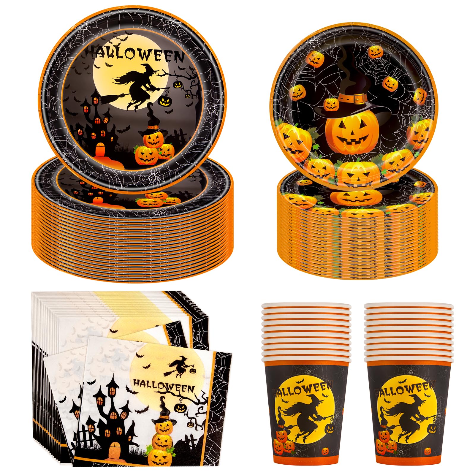 Halloween Plates Party Supplies Suit Disposable Halloween Plates and Napkins Pumpkin Decoration for Festive Celebrations Family Dinners Birthday Parties Etc