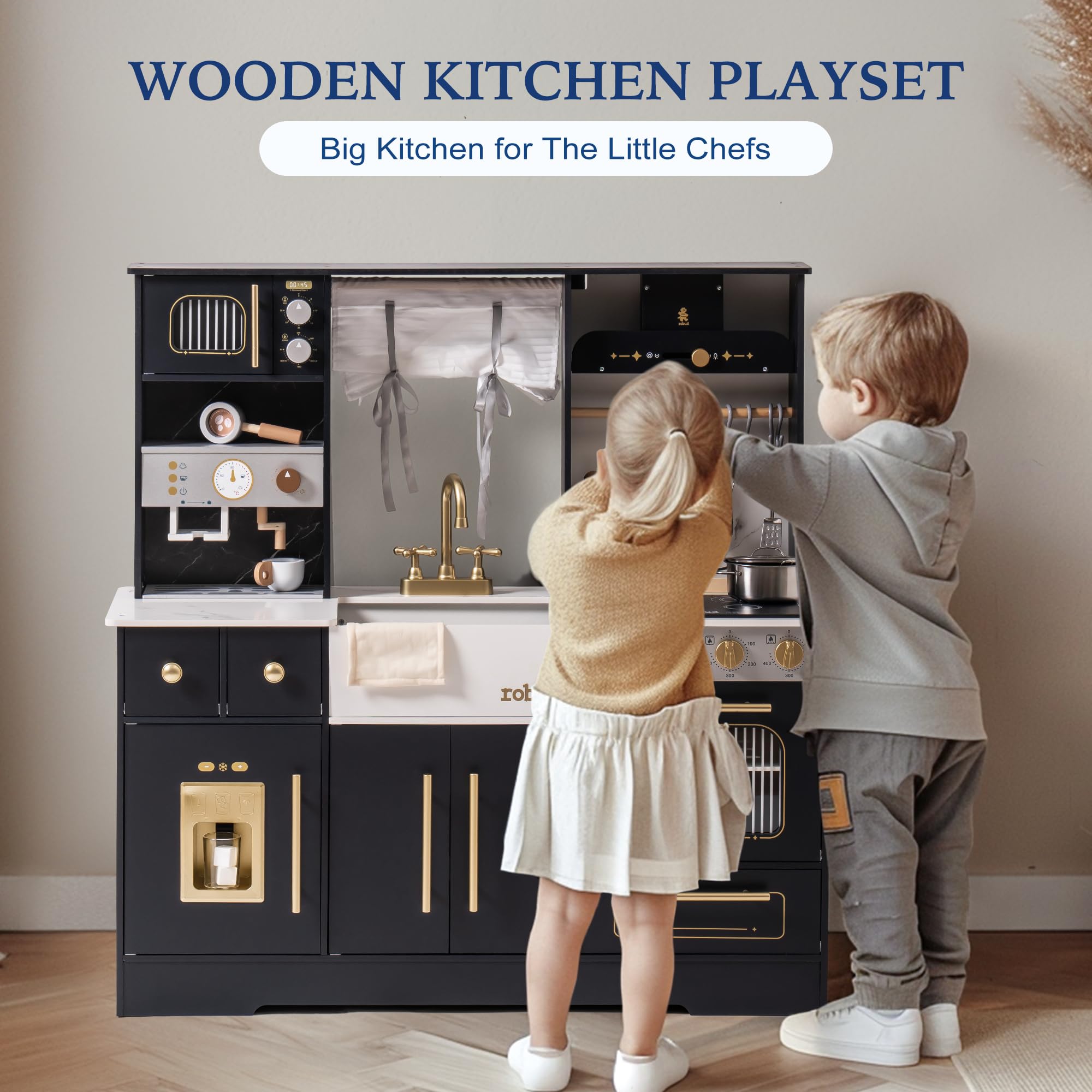 ROBUD Juego de Cocina de Madera para niños – Cocina Moderna Grande de Juguete en Negro con Nevera, cafetera, máquina de Hielo y más, para niños a Partir de 3 años