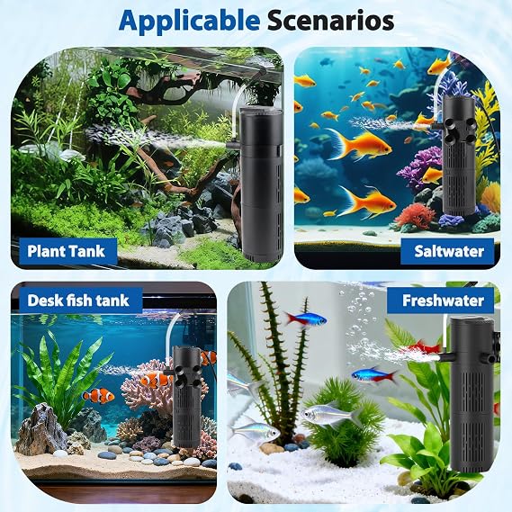 Internal UV Fish Tank Filter with UV Light, 5-in-1 Aquarium Filter Pump, Timer Controller and Visible UV Window, Multi-Mode Filtration System for Freshwater & Saltwater, 80-267L Aquariums (800L)