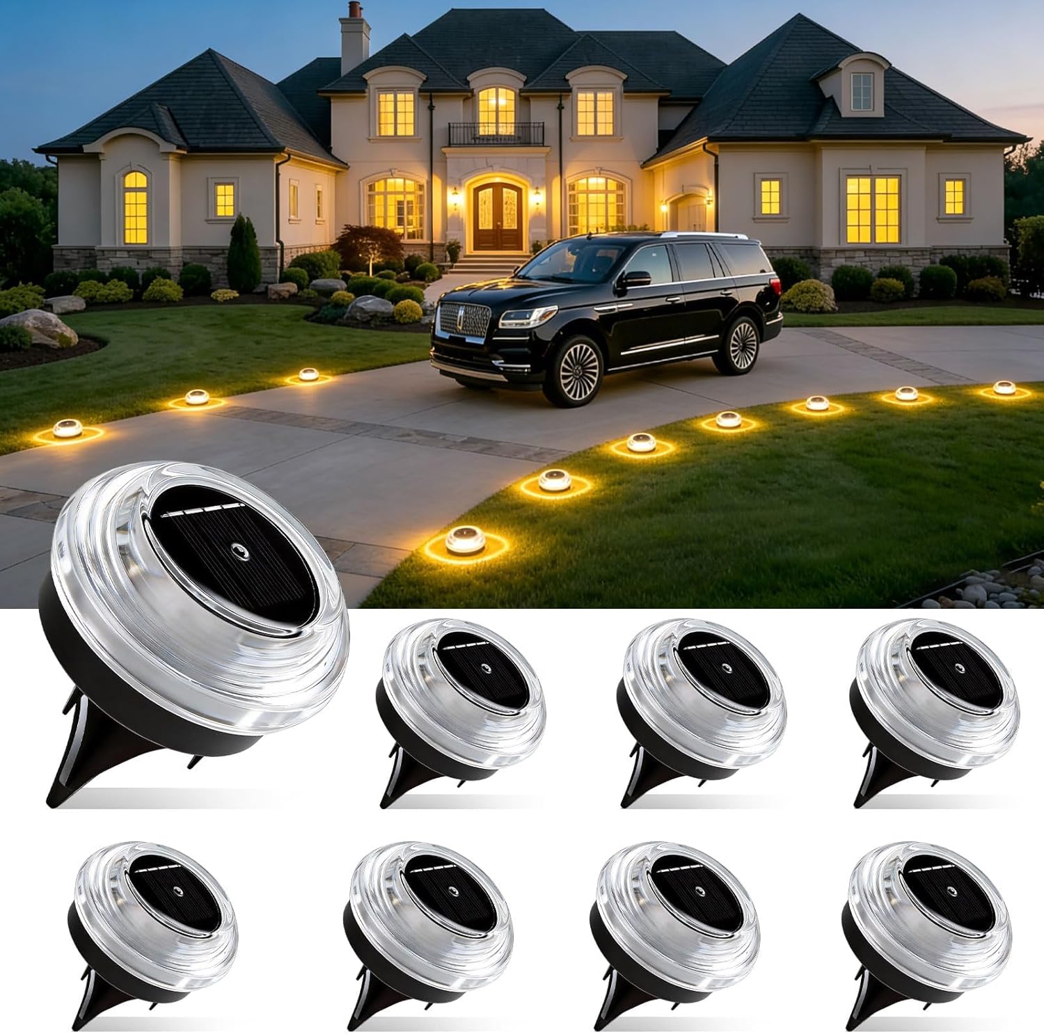 Solar Ground Lights 8 Pack Landscape Lighting 3000K Solar Lights Outdoor IP67 Waterproof Solar Garden Lights for House Patio Pathway Lawn Yard Deck Driveway Walkway Path Lighting （Warm White）