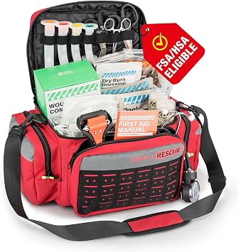RHINO RESCUE First Responder First Aid Kit Fully-Stocked EMT Bag, Professional EMT/EMS Trauma Medical Kit, Molle System & Reflective Stripe, 300+ First Aid Supplies, Suits for Business, Home Red