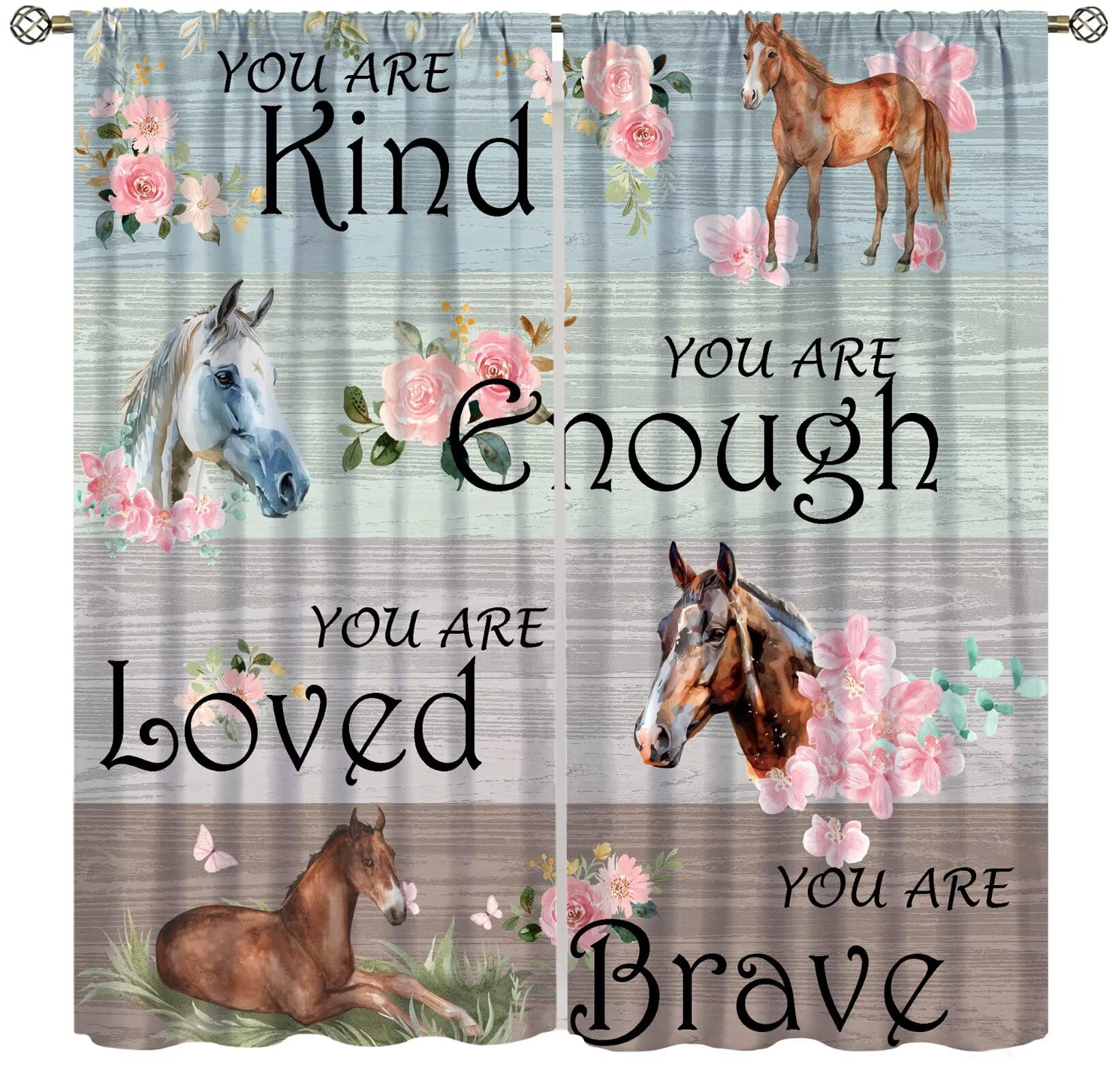 Fblifil Cowgirl Horse Theme Wooden Inspirational Cowgirl Theme Horse Art Loved Brave Kind Enough Positive Quotes Blackout Window Drapes for Bedroom