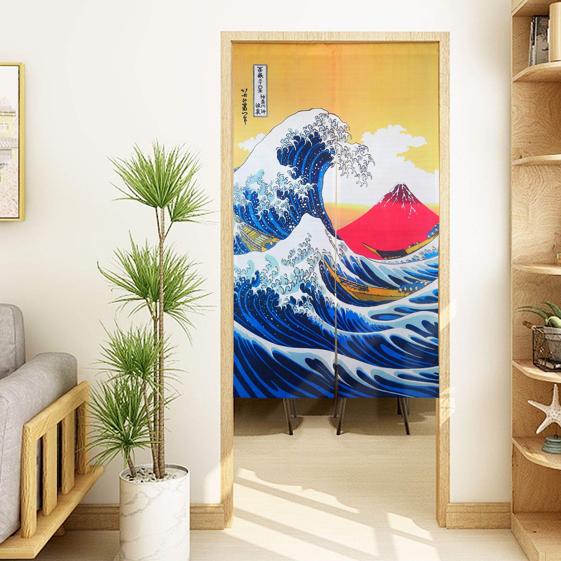 LIGICKY - Tenda giapponese Noren Ukiyoe Hokusai The Great Wave off Kanagawa Mount Fuji, arazzo da appendere alla porta, 85 x 150 cm