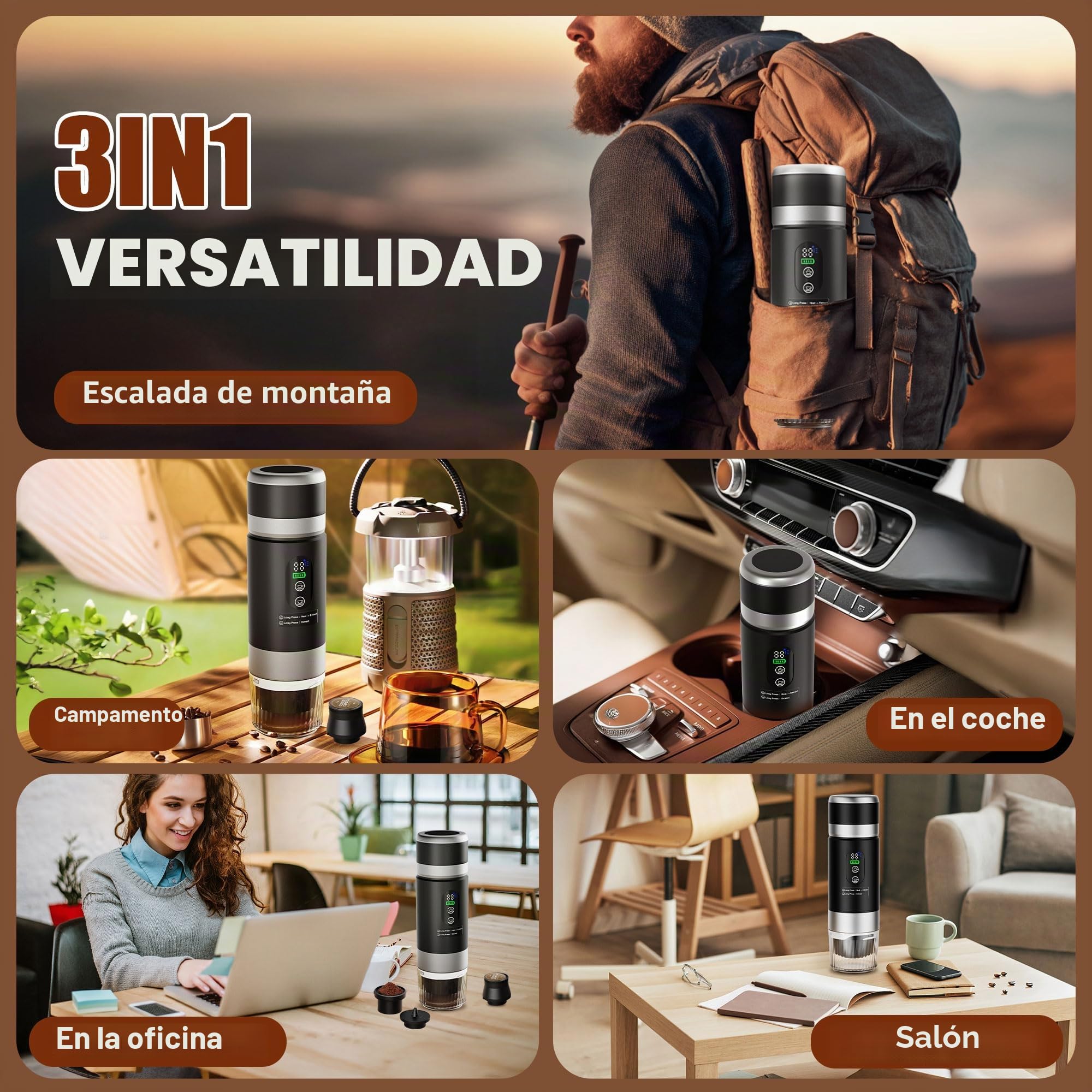Cafetera Portátil 3 en 1 con Batería Extraíble Recargable 15000mAh, Máquina de Café Portátil 20 Bar Autocalentable con Pantalla LED, Compatible con Cápsulas y Café Molido, Ideal para Viaje, Camping