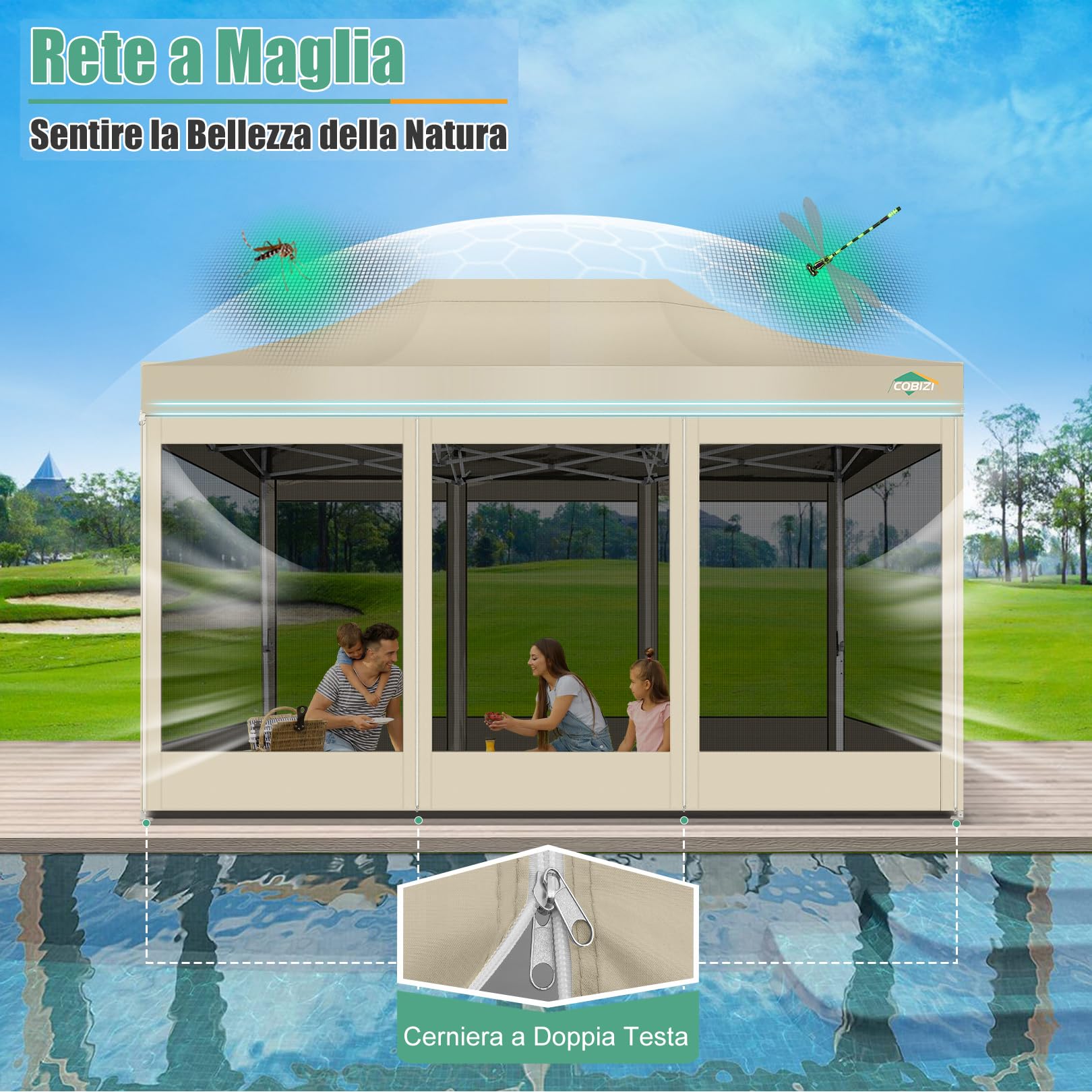 COBIZI Gazebo pieghevole 3x4,5 m con zanzariere, impermeabile e stabile | Protezione UV, altezza regolabile su 3 livelli, tessuto Oxford 420D, borsa inclusa