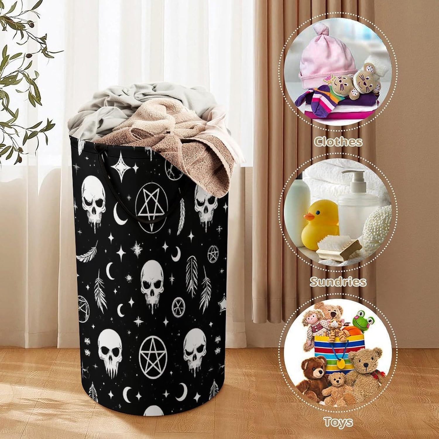 Portable Laundry Basket Freestanding Hamper Fashion Tall Clothes Hamper Goth Raven Crow Skull Moon Star Gothic Witch Magic Spirit Board