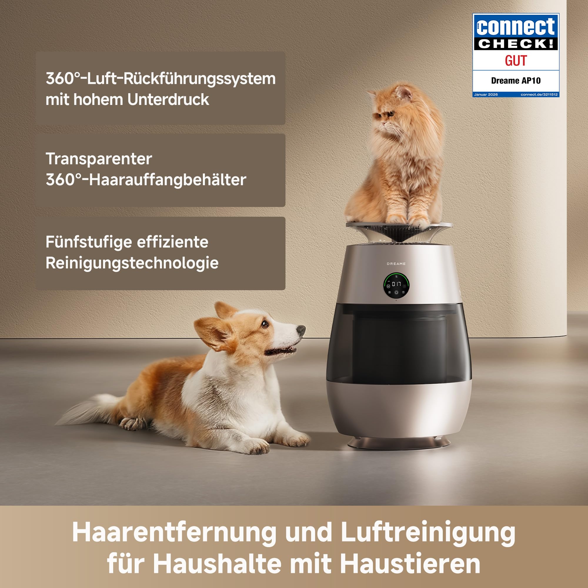 DREAME Haustier-Luftreiniger AP10, 360°-Luft-Unterdruck-Rückführungssystem mit fünfstufiger Reinigung. Transparenter Behälter, geschwungene Oberseite und LED-/Beleuchtung mit App-Steuerung