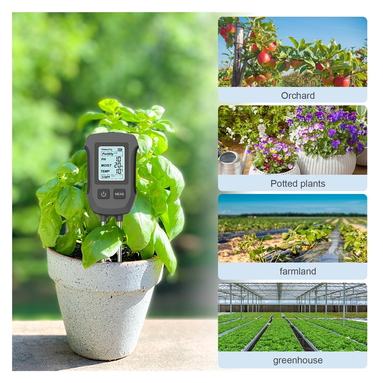 Tester del suolo 5 in 1 for PH Umidità Fertilità Temperatura Luce solare, Analizzatore analogico da giardino