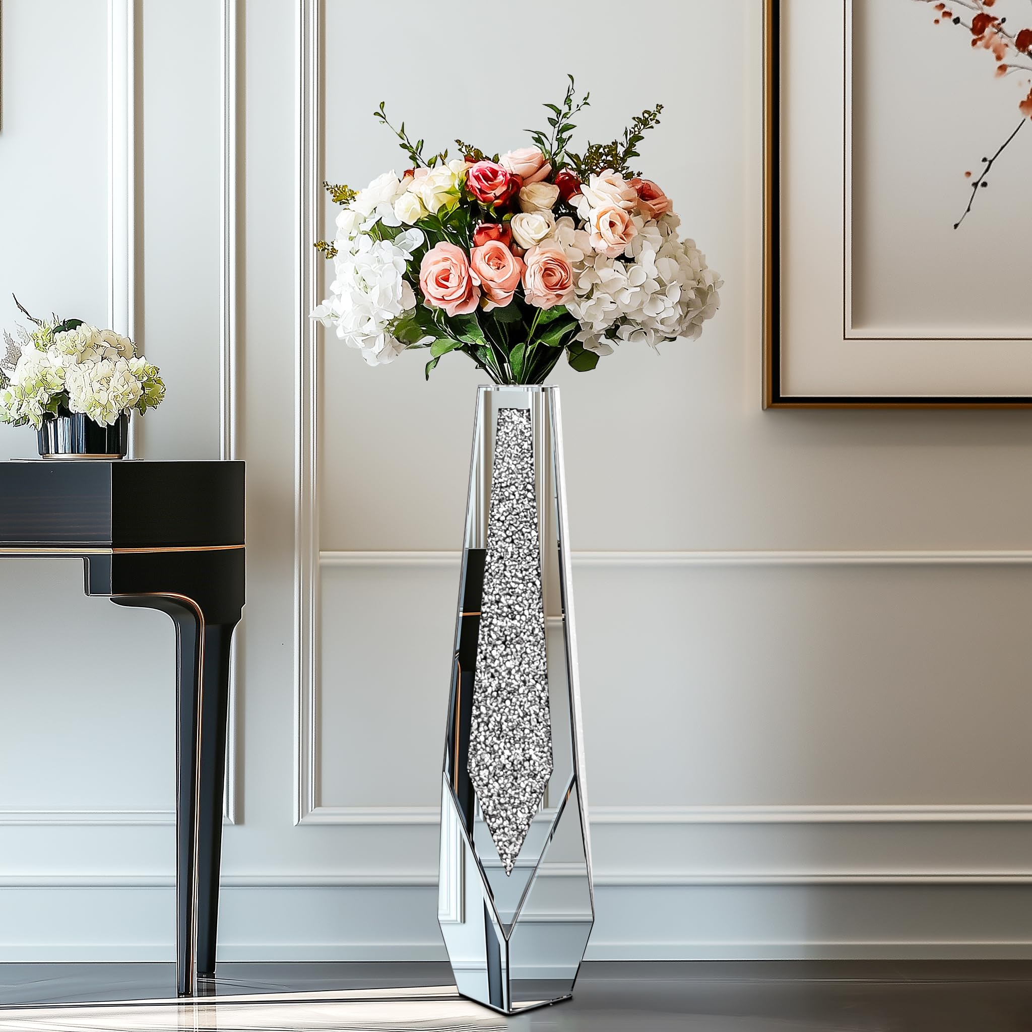 Artloge Jarrón de Espejo Grande de Suelo, Elegante Jarrones Decorativos con Diamante Triturado para Decoración del Hogar, Sala, Comedor, Adecuado para Flores Secas y No Contener Agua, 85.5x23x23 cm