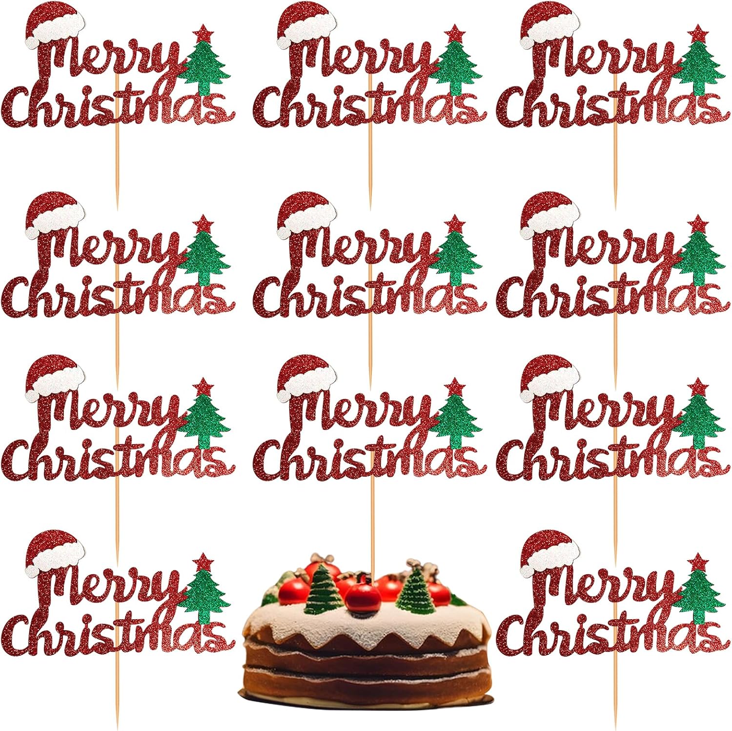 Christmas Cake Topper Merry Christmas Cupcake Toppers Xmas Holiday Cake Toppers Festive Decorative Cake Accessories Party Cake Decoration for Christmas 10pcs