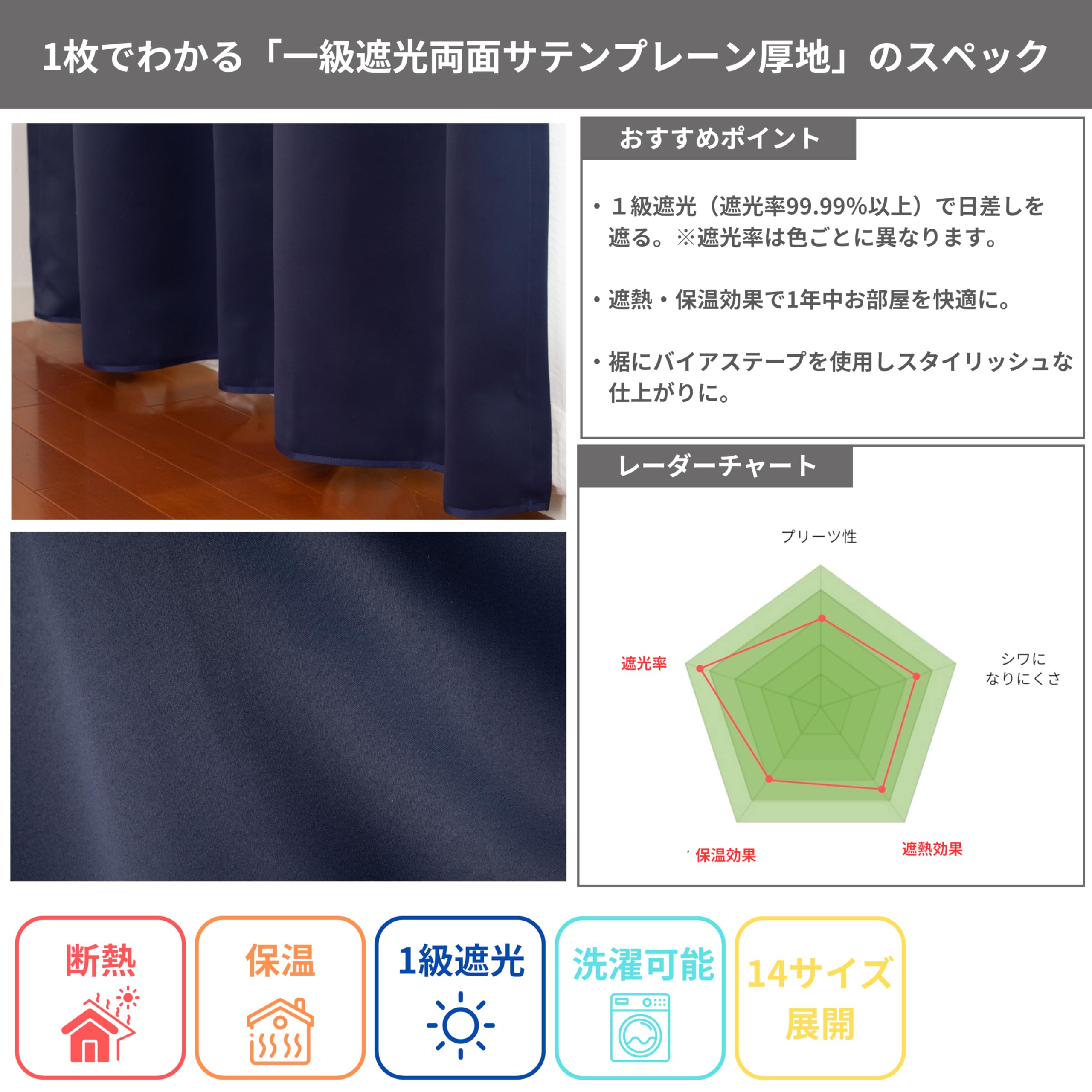 【在庫処分】カーテン研究所≪一級遮光両面サテンプレーン厚地 ネイビー≫ 幅100 Amazon｜カーテン研究所≪一級遮光両面サテンプレーン厚地 ネイビー