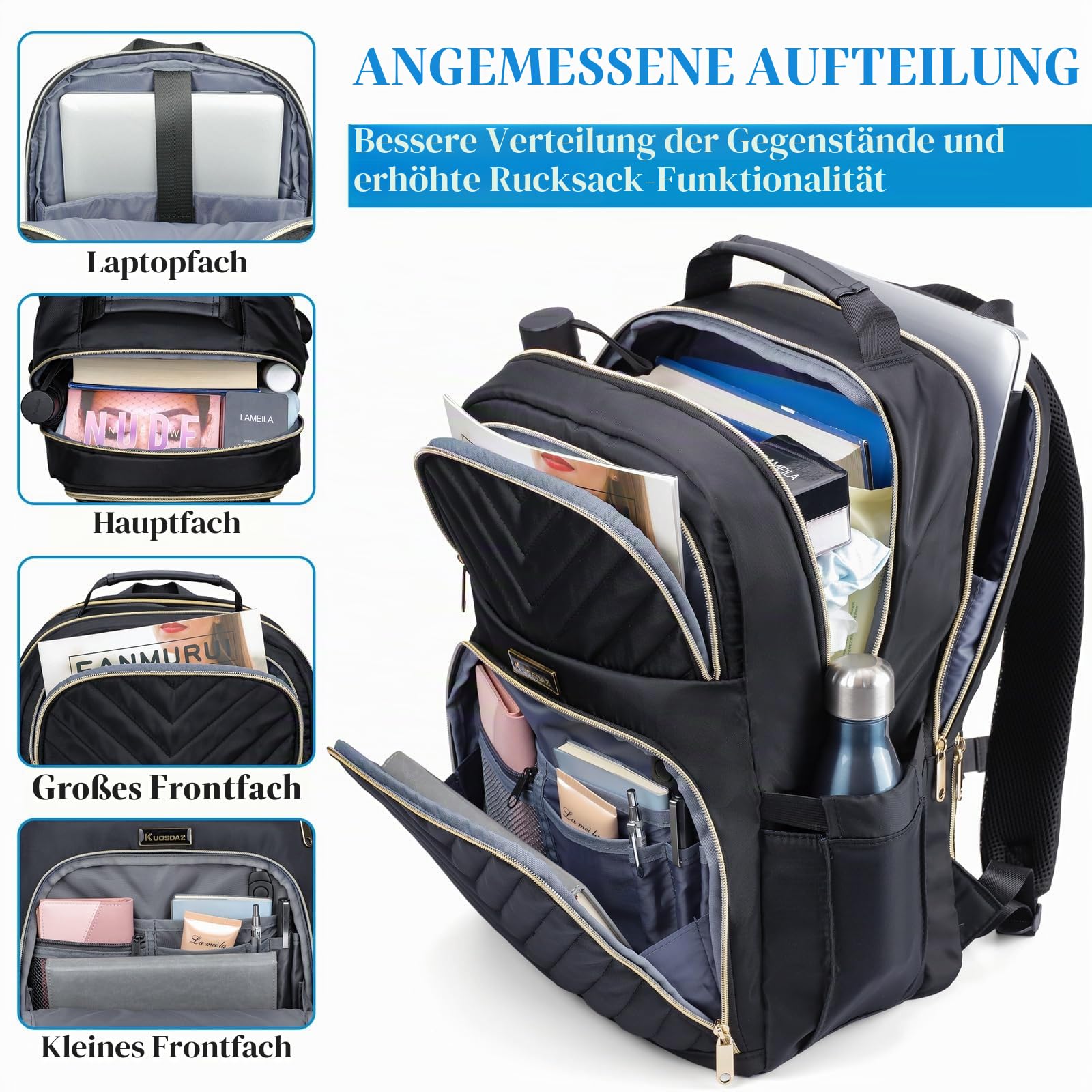 Rucksack Damen Arbeit Rucksack, 17.3 Zoll Schulrucksack Mädchen Teenager | Laptop Rucksack Stylischer Daypack Wasserdichte für Schule, Uni, Reisen, Schwarz