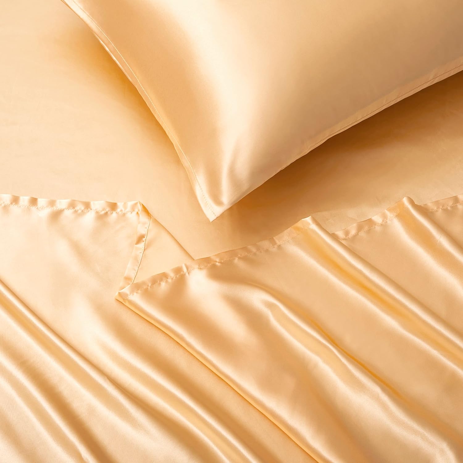 4 Pieces Satin Sheets Set, Queen Size Luxury Silky Soft Satin Bed Sheets with 1 Deep Pocket Fitted Sheet, 1 Flat Sheet, 2 Pillowcases, Gold