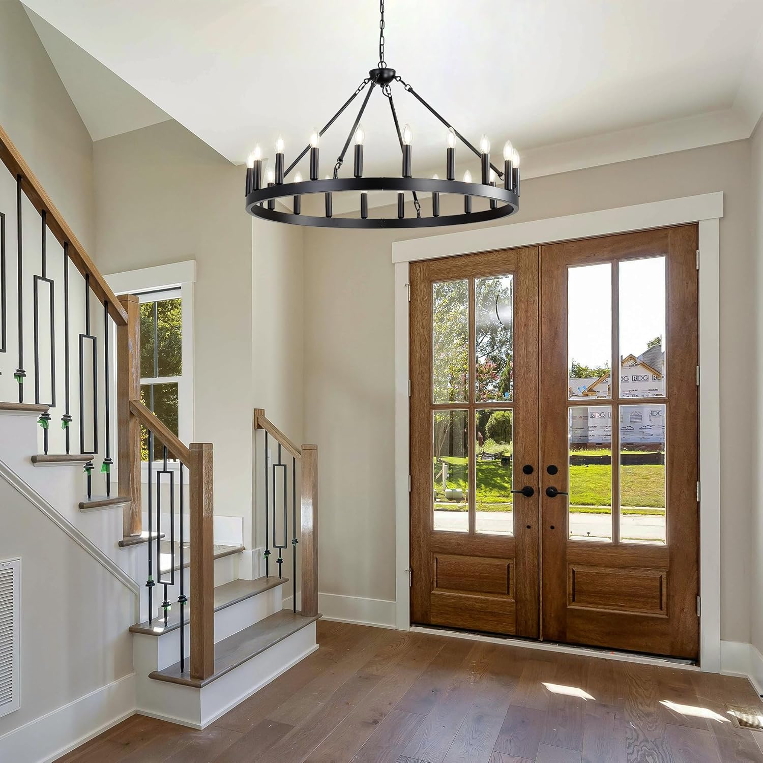 Black Wagon Wheel Chandelier, 20-Lights 40 Inch Farmhouse Pendant Light Fixture, Round Rustic Hanging Lighting for Dining Room Kitchen Island Foyer Entryway