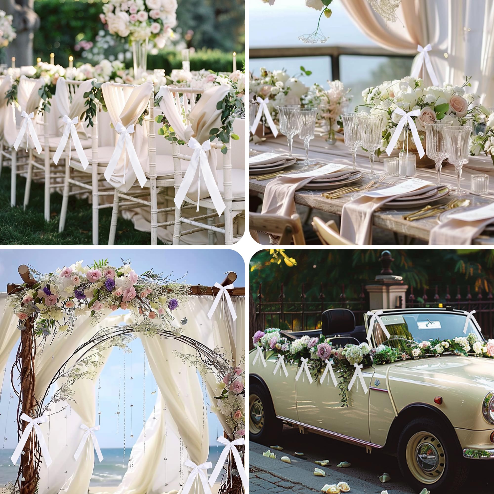 DazSpirit 100 pcs Noeud Voiture Mariage Blanc, Ruban Satin Decoration Mariage pour Deco Voiture, Mariage Champetre, Decoration Voiture Mariage de Chaise, Cadeaux, Wedding Ceremony, Bouquet | Prêt à l'emploi