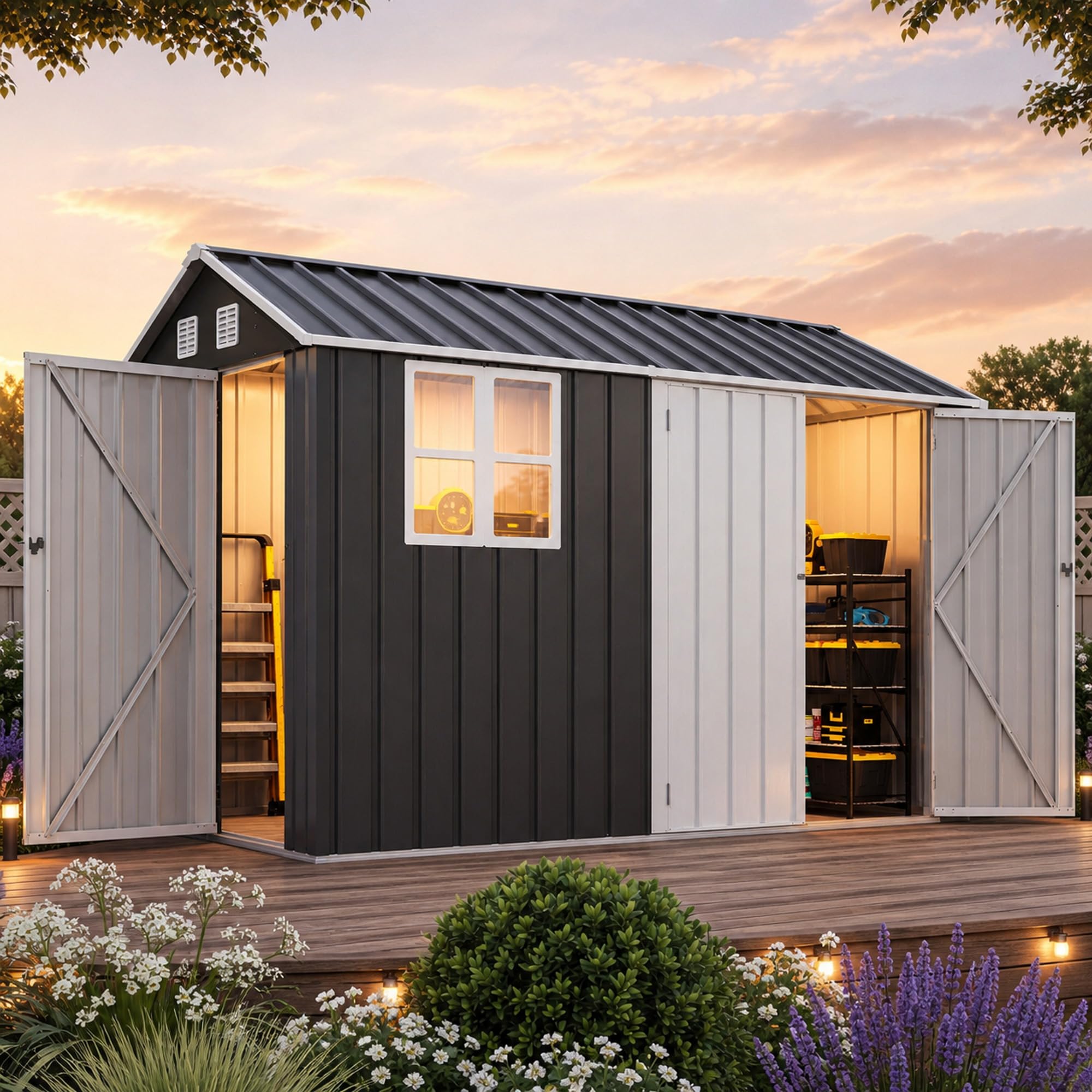 DWVO 10x8ft Outdoor Storage Shed with Window &amp; 3 Lockable Doors