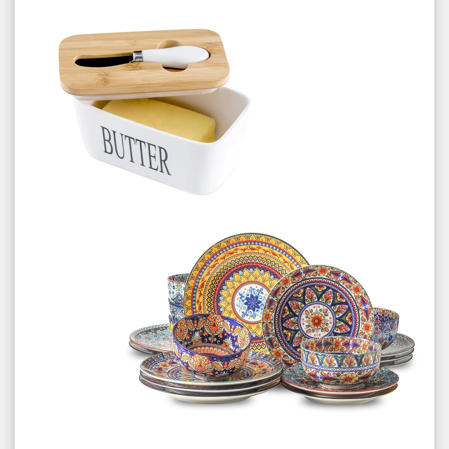Hasense Colorful Dinnerware Sets For 6 and White Butter Dish Bundle