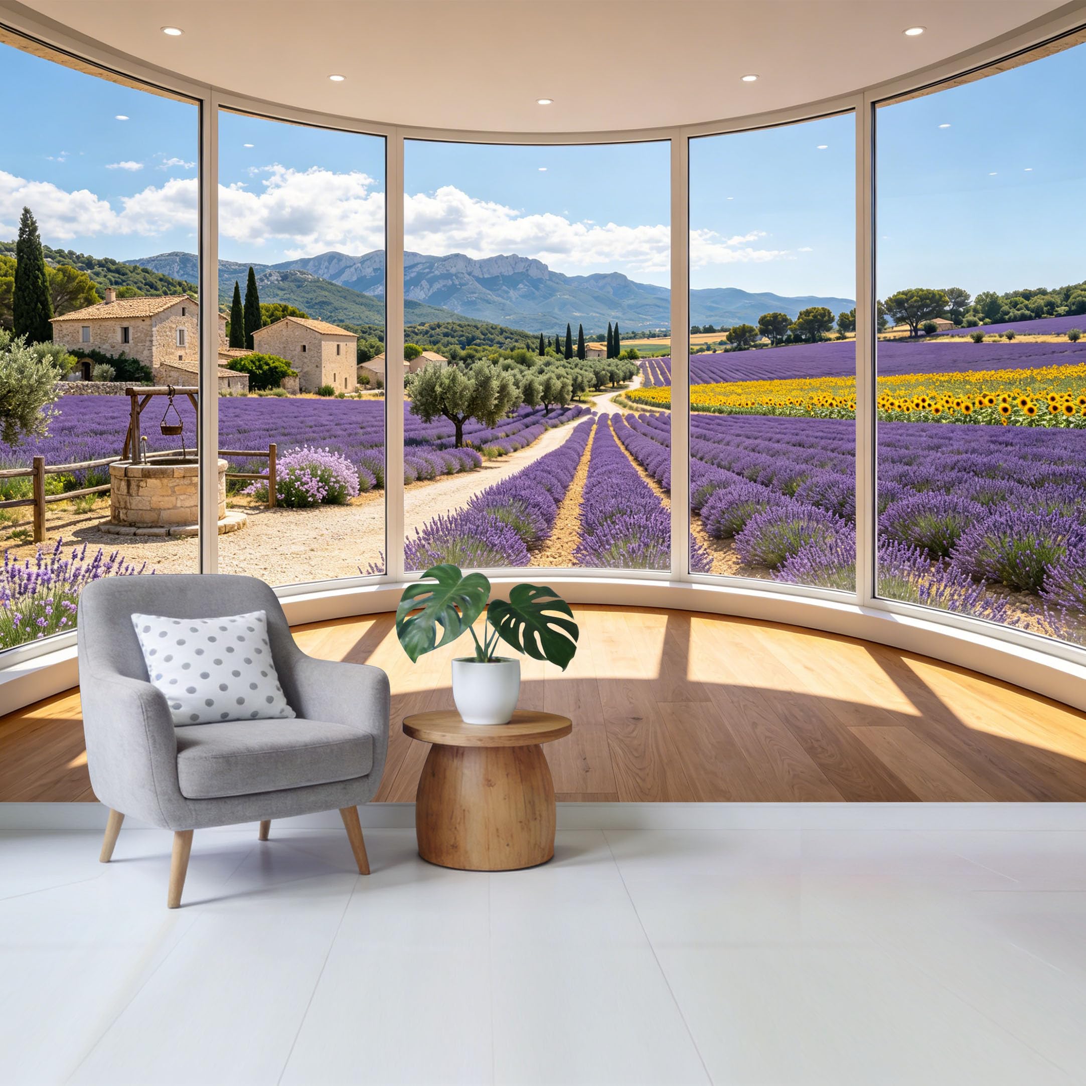 Removable Self Adhesive Fabric Mural， Provence Lavender Field Sunflower Landscape Custom Size Wall Covering， UV Protected Waterproof Washable Wall Decor for Living Room Bedroom Bathroom
