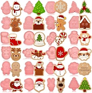 Roshtia 24 Pieces Christmas Cookie Cutters Stamps Mini Embossing 3D Plastic Cookie Stamps Snowman Santa Christmas Tree Rei...