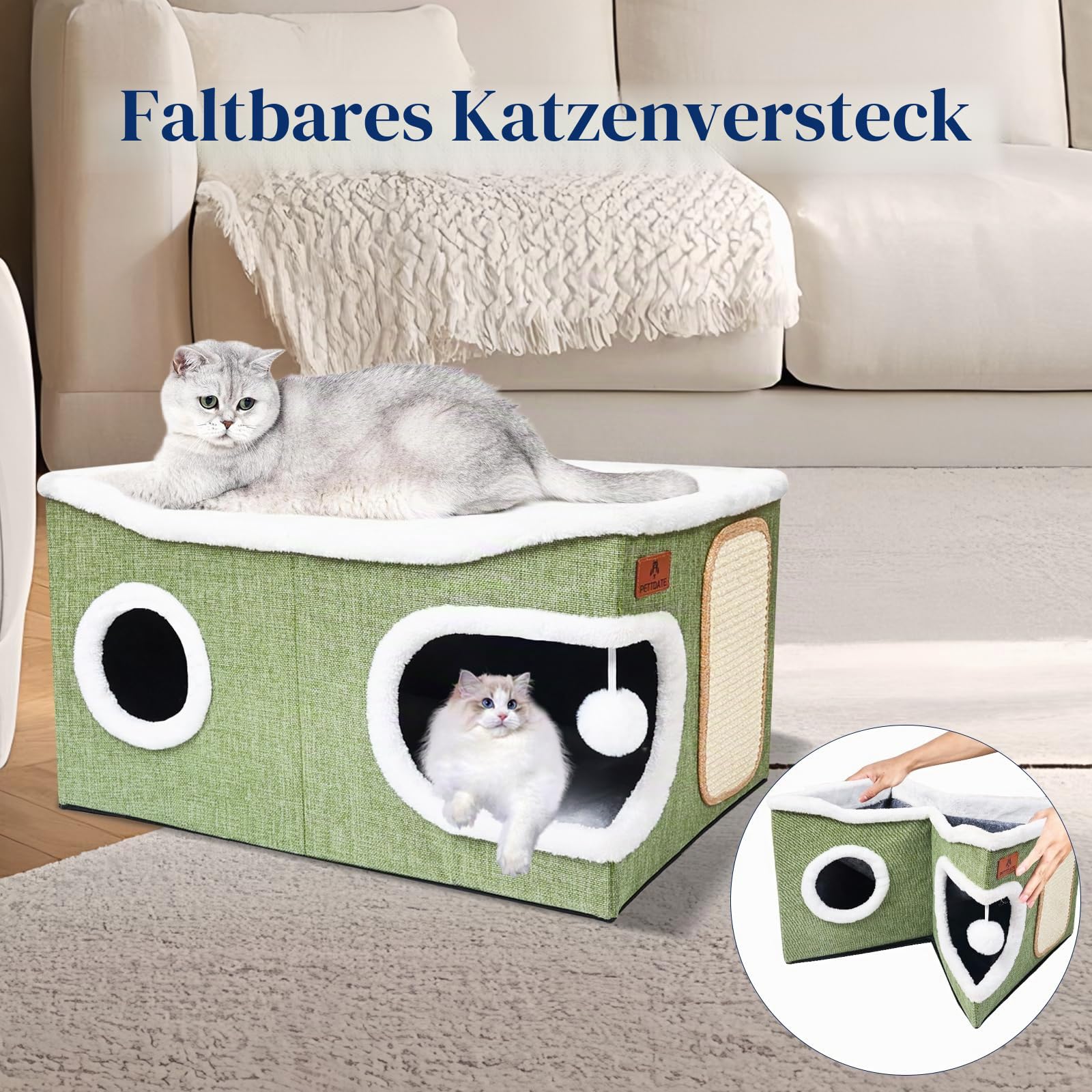 Extra Große Katzenhaus Indoor, 2-stöckige Kuschelhöhle mit Kratzbrett und Spielball, Katzenhöhle für Katzen, Ideal für Mehrere Kleine Haustiere und Große Kätzchen, Grün