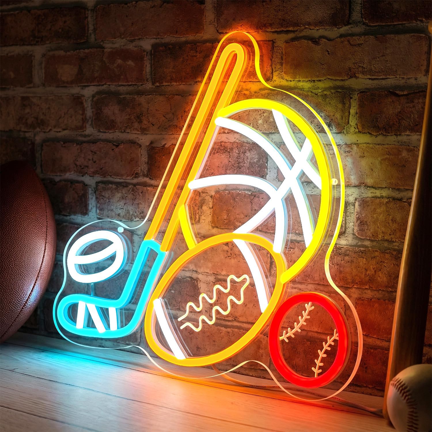 Sport Ball Combination Neon Sign,﻿Ice hockey Basketball Baseball Football Neon Light Wall Decor,USB Powered Dimmable Sports Wall Decor for Game Room,Man Cave,Sports Themed Bedroom Decor for Boys