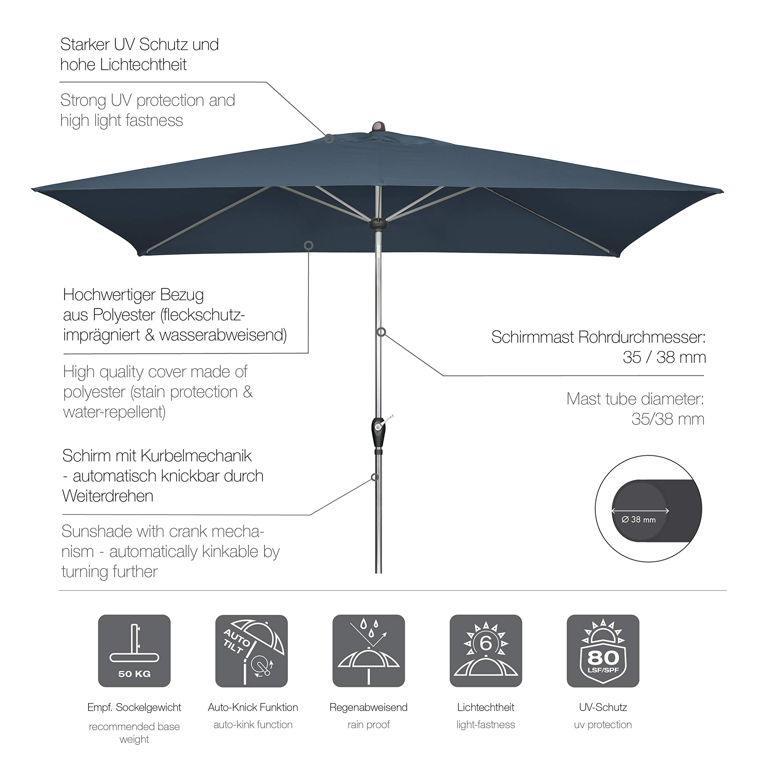 Doppler SL-AZ Auto Tilt parasol przeciwsłoneczny, 220 x 140 cm, antracytowy, składany i z korbą z ochroną UV 80+, z aluminium, odporny na deszcz dach poliestrowy