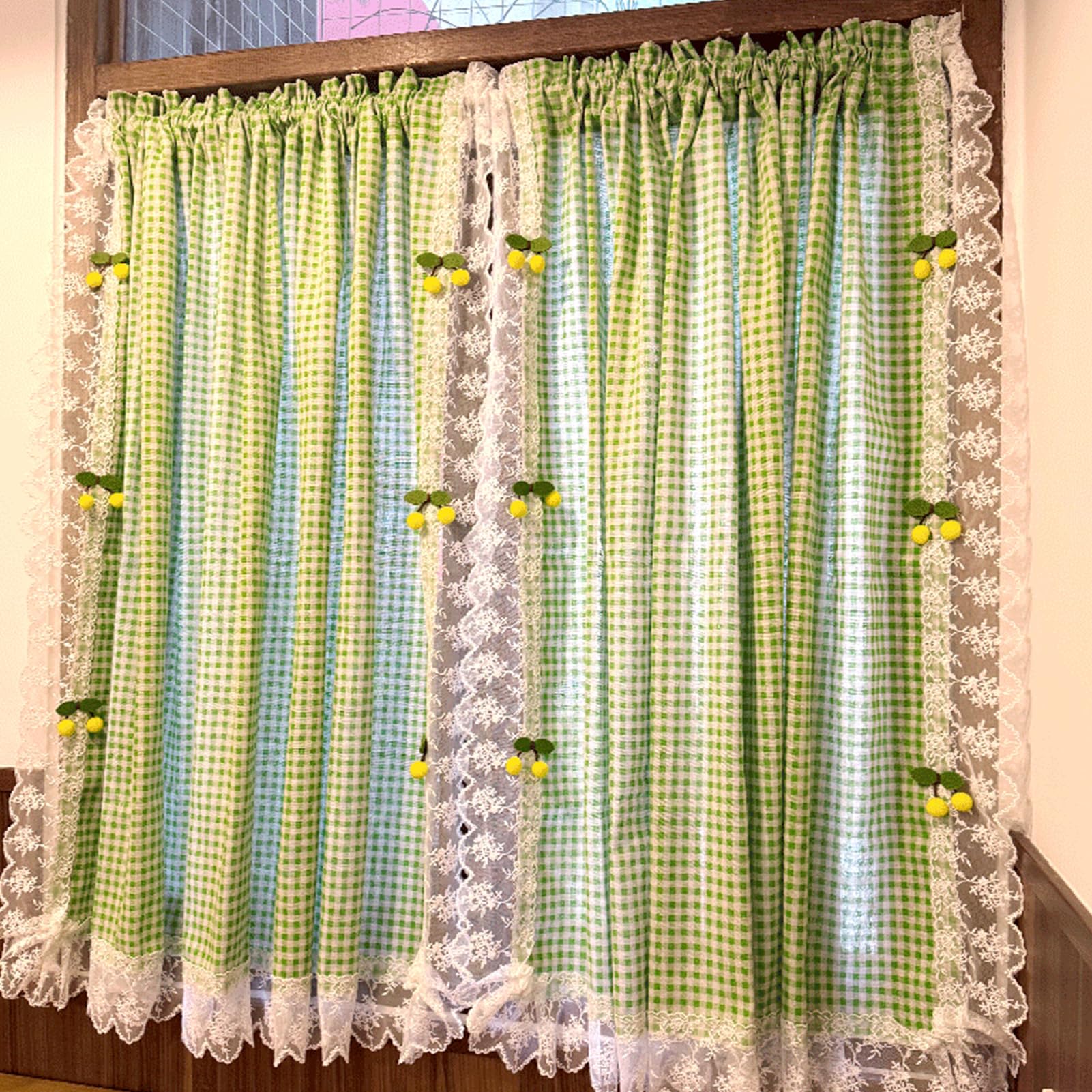 ZZYK Green Checkered Kitchen Curtains Valances,Washed Curtain Panels for Farmhouse Living Room Bedroom,Black Out Window Cover with Lemon Home Decoration,Paste,59" W x 79" L