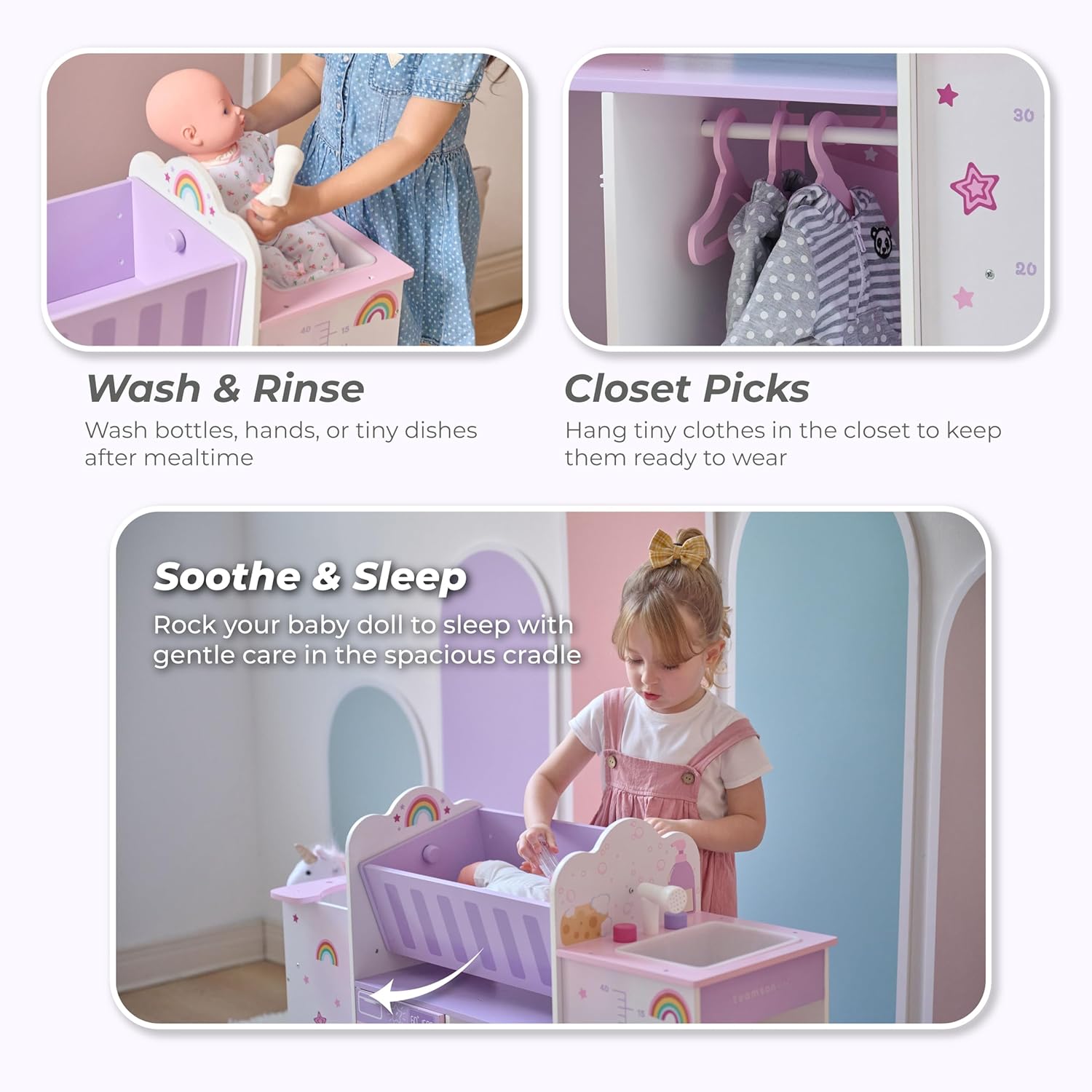 Olivia’s Little World Fantasy Care Doll Nursery 6-in-1 Unicorn Themed Baby Station with Cradle, Washer, High Chair, Sink & Closet with 3 Wooden Hangers for Pretend Play, for Girls Ages 3 and Up