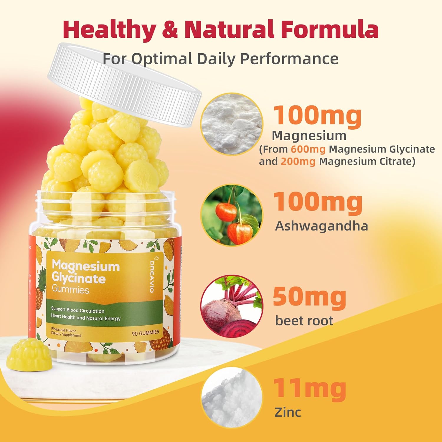 DREAVIO 90 Count Magnesium Glycinate Gummies w/Ashwagandha Supplement - Sugar Free Zinc Magnesium Glycinate Supplement Ashwagandha Gummies for Adults Pineapple Flavor