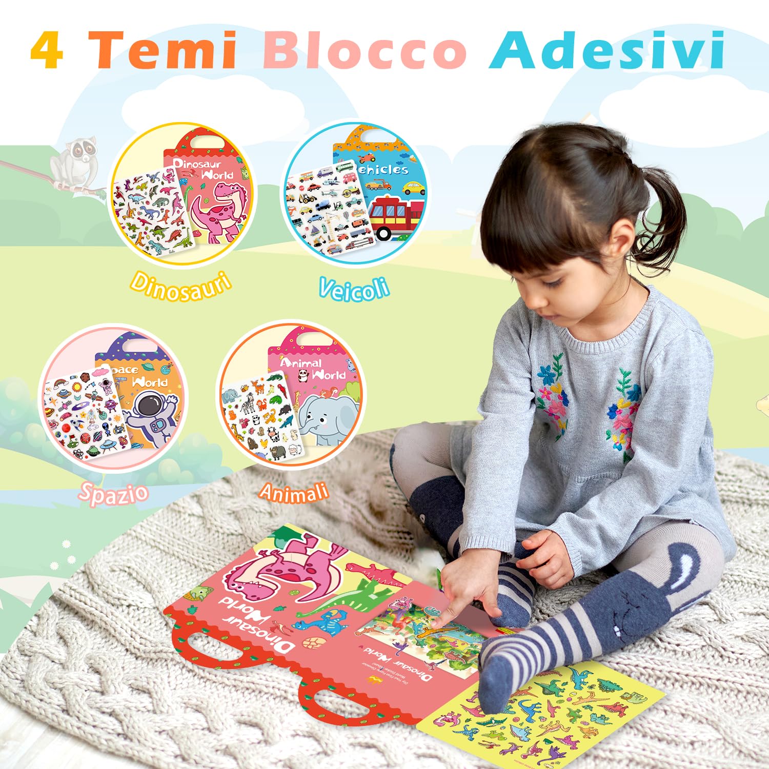 Sticker Book (versione aggiornata) Confezione da 4 adesivi riutilizzabili per bambini, tema dinosauri + animali + spazio + veicoli, adatti a bambini di età superiore ai 2 anni