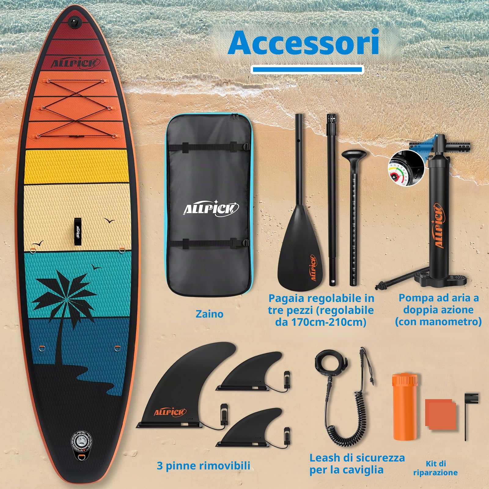 ALLPICK Sup Gonfiabile, Stand Up Paddle Board Gonfiabile, Con Supporto Universale per Fotocamera, Accessori Completi, Tavola da Sup Surf, Principianti e Avanzati, 200kg