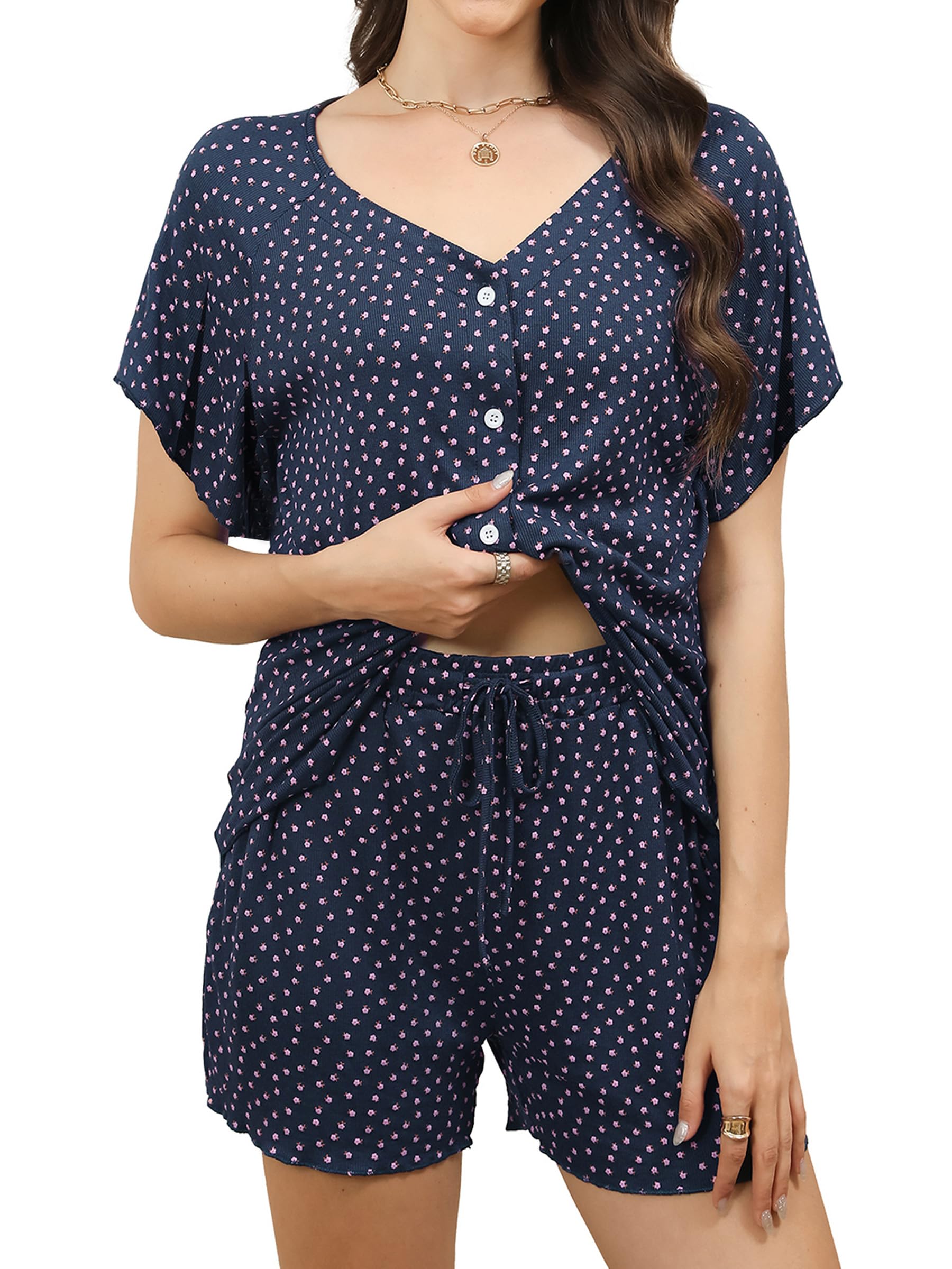 Reliwel Schlafanzug Damen Kurz mit Knopfleiste V-Ausschnitt Baumwolle Pyjama Set Shorty Loungewear Sleepwear Sommer Pijamas mit Shorts