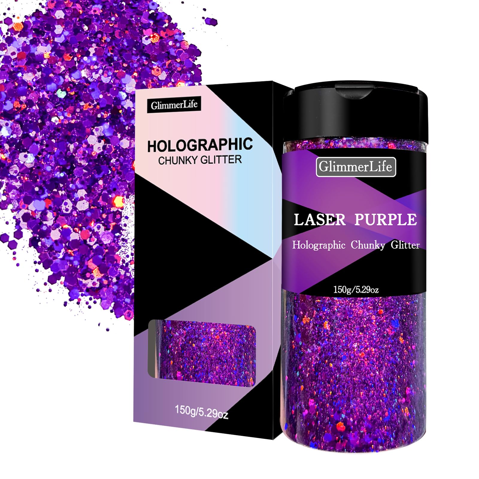 GlimmerLife Purple Chunky Glitter 150G/5.29OZ Glitter, Holographic Chunky Glitter Sequin Flake Bulk, Craft Glitter for UV Resin, Nail Glitter for Face, Body, Eye, DIY Halloween Decorations