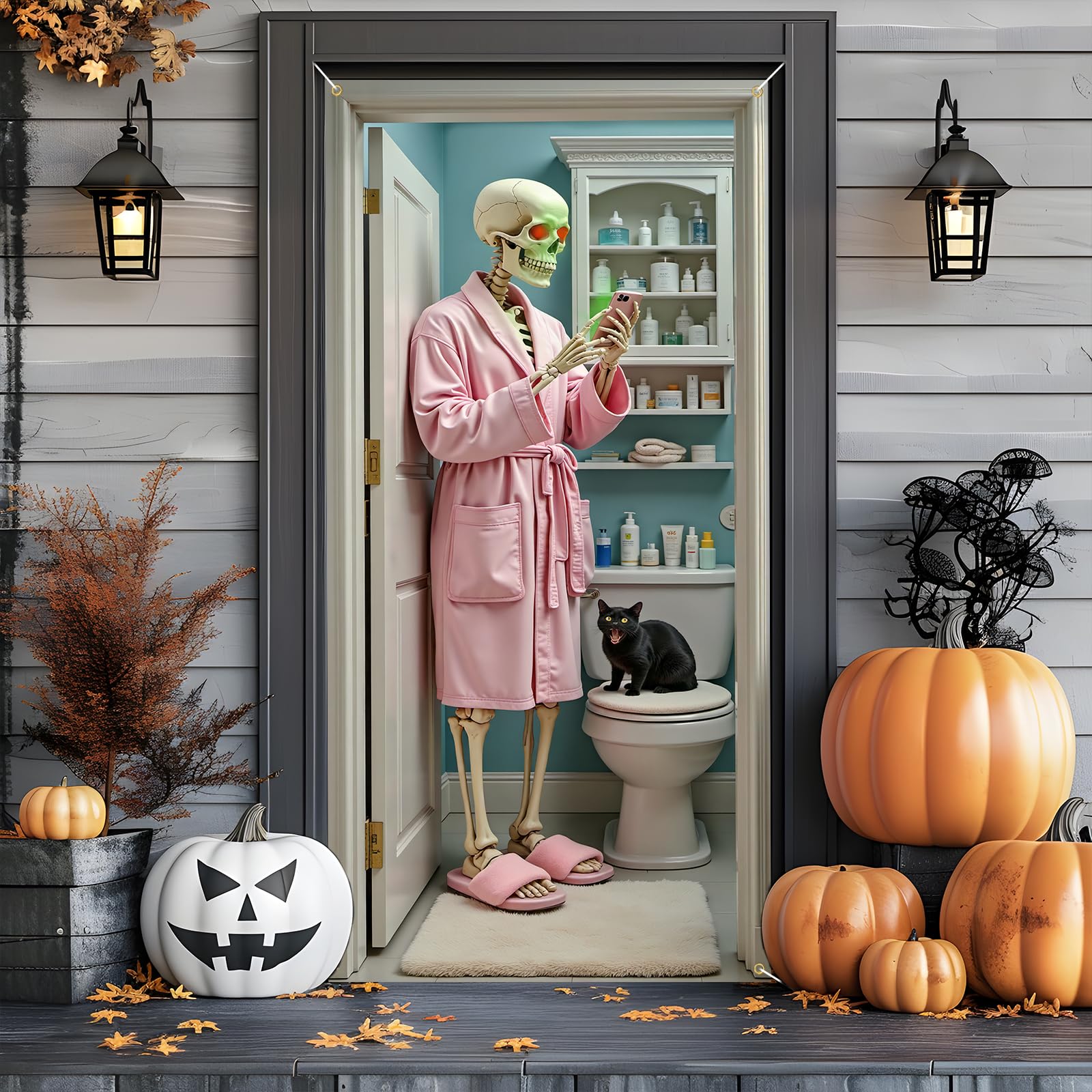 Cubierta de puerta de esqueleto de Halloween para baño, divertida cubierta de puerta, decoraciones para fiestas, accesorios de fotos, fondo de tela de Halloween para decoración de interiores y exteriores de la oficina en casa.