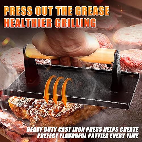 Miniatura 7 de Uniflasy Prensa de hamburguesas, prensa rectangular de hierro fundido de 8.3 x 4.3 pulgadas con mango de madera para BlackstoneCamp ChefPit