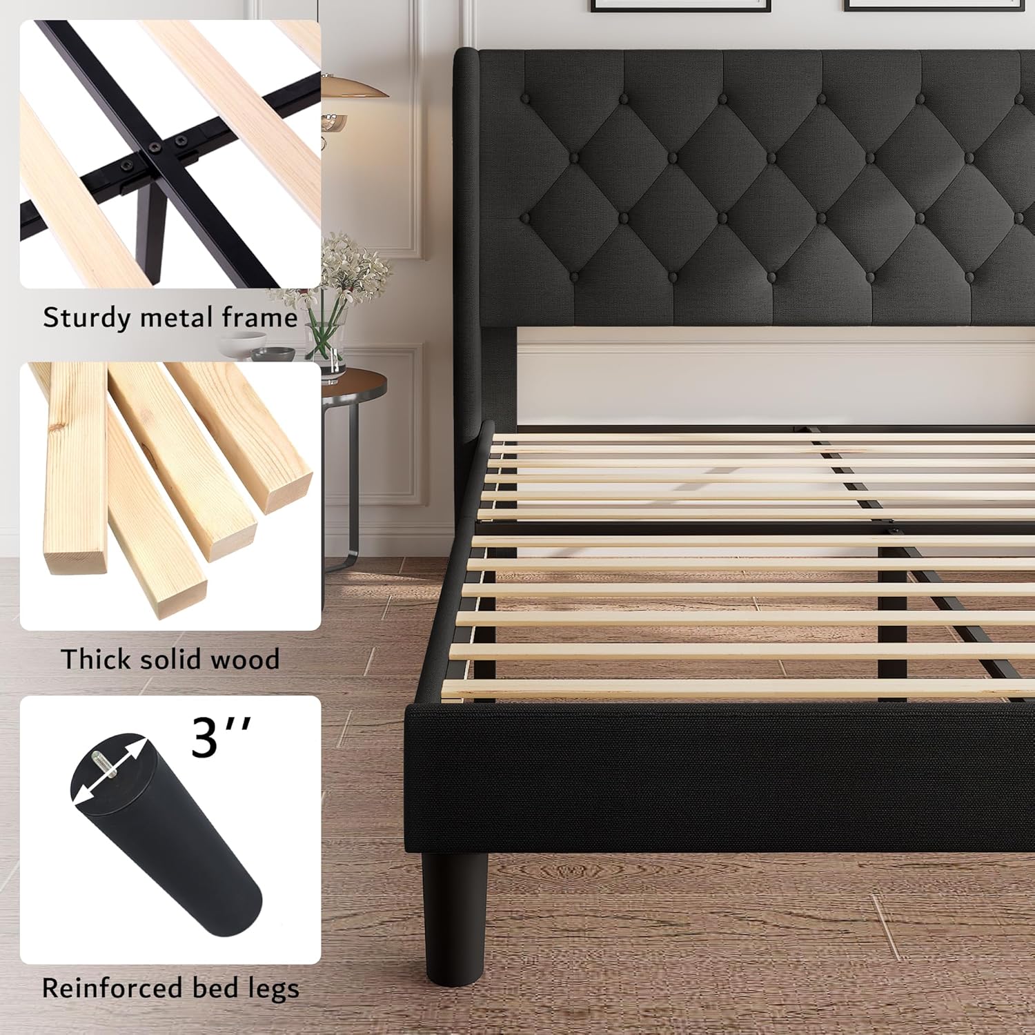 iPormis King Size Platform Bed Frame with Button Tufted Headboard, Upholstered Bed Frame with Solid Wooden Slats, 8" Underbed Space, No Box Spring Needed, Noise Free, Easy Assembly, Black - Image 5