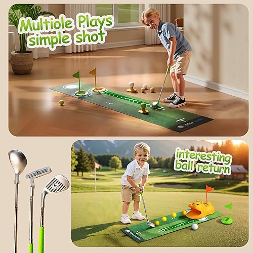 Miniatura 5 de Putting Green Indoor con palos de golf para niños pequeños, juego de fiesta con máquina automática de rebote de golf, tapetes de entrenamiento al