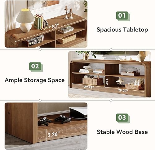 Miniatura 4 de Soporte de TV de madera maciza, mesa consola de TV de 63 pulgadas de largo con almacenamiento para televisores de 55/60/65/75 pulgadas, centro