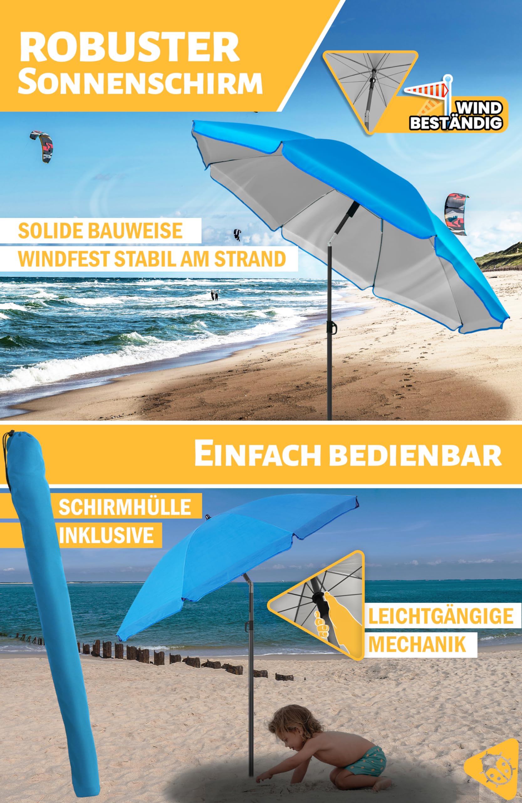 Menz Sonnenschirm Strand - UPF 50+ Sonnenschutz Strand, Strandschirm Ø 180 cm, Sonnenschirm mit Schutzhülle, Strandschirm windfest stabil, Fb. Blau