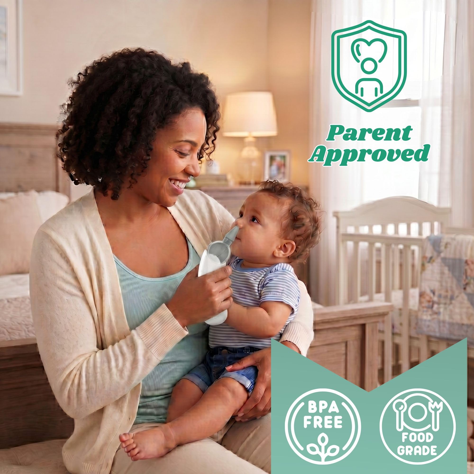 Aspiratore nasale elettrico per bambino, con ventosa per il naso con design adatto ai bambini, 5 livelli di aspirazione fino a 70 kPa, LED lenitivo e musica, coperchio rimovibile, impermeabile IPX7