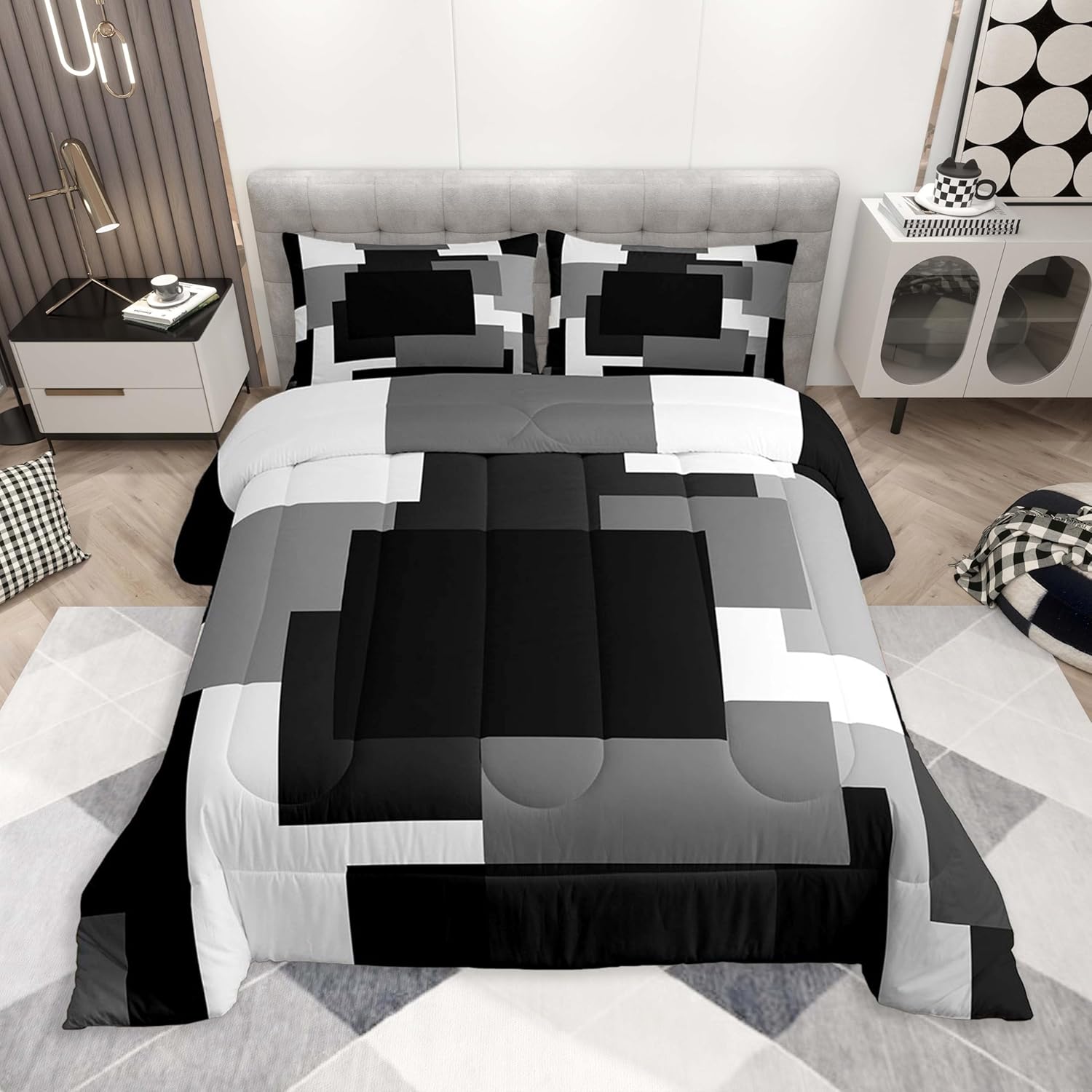 jejeloiu Black and White Comforter Set Twin Size， Abstarct Bedding Set for Kids Boys Girls Modern Stripe Neutral Art Duvet Quilt Bedroom Decor Microfiber 2 Pcs with 1 Pillow Cases