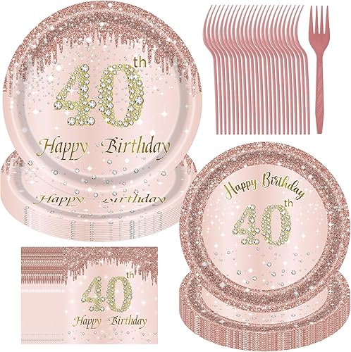 Miniatura 1 de Decoraciones de cumpleaños número 40 para mujer, juego de 96 platos y servilletas de cumpleaños de 40 años, platos de oro rosa, platos de papel