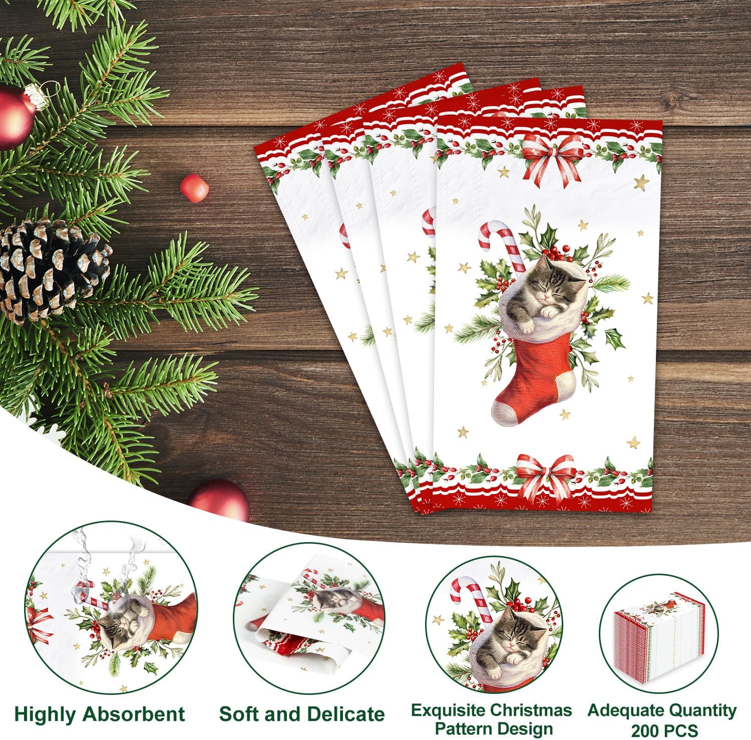 Lokigo 200 Pcs Disposable Guest Napkins Christmas Red Stockings Cat 2 Ply Decorative Dinner Paper Hand Towels Xmas Winter Cocktail Guest Hand Napkins for Party Holiday Bathroom (Cat)
