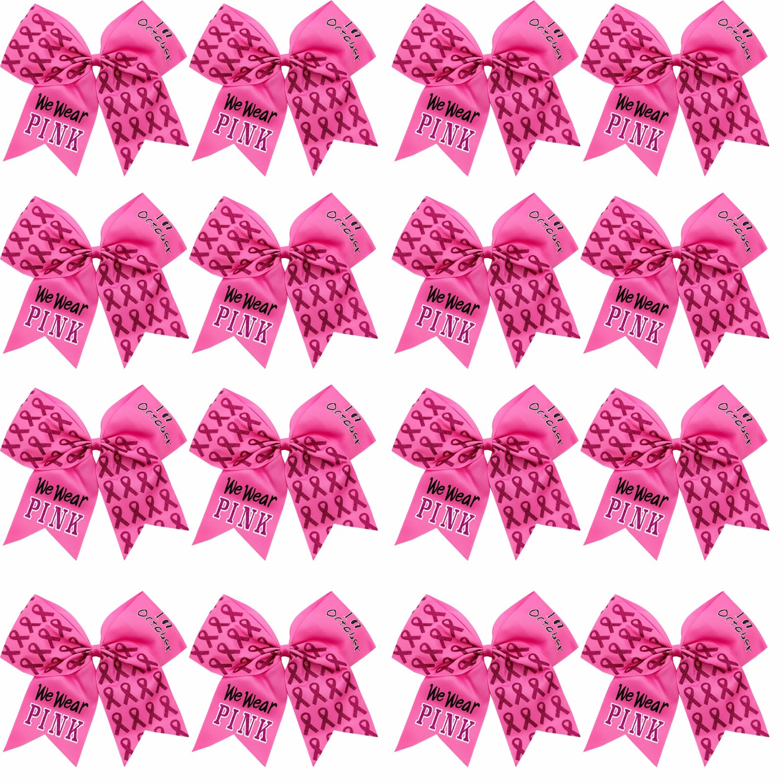 View 1 of 16 Pieces 7 Inch Breast Cancer Awareness Cheer Hair Bows Ponytail Holder Large Glitter Pink Ribbon Hair Bows Accessories Elastic Band Handmade for Teens Women