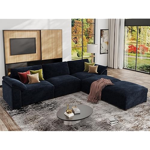 EASE MOOSE Blue Modular Sectional Couch,Oversized Deep Seat L Shape Sectional Couch,Comfty Chenille Modular Sofa for Living Room, Removable Cover