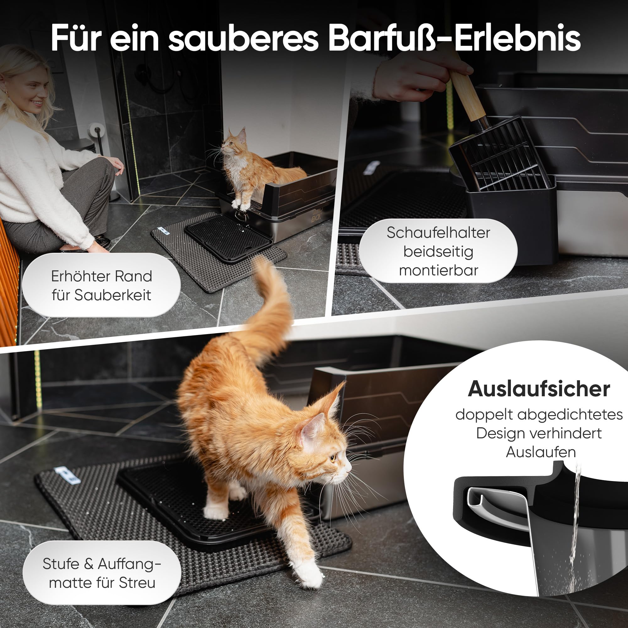 Katzenklo Edelstahl XXL, 70x50, schwarz für große Katzen, Zubehör | auslaufsicher, Maine Coon, geruchsarm, Schaufel, Matte und Stufe, einfache Reinigung, hygienisch, Mehrkatzenhaushalt